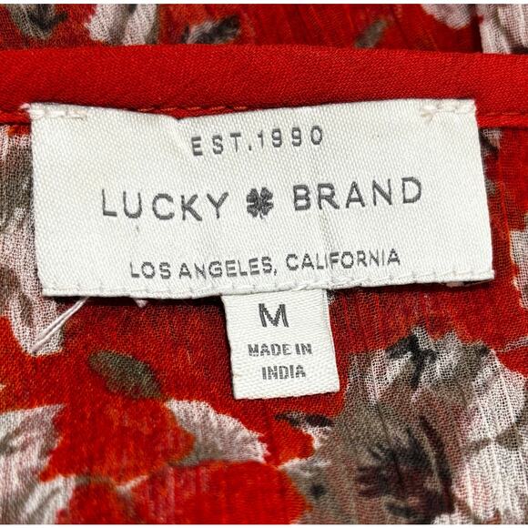 Lucky Brand peasant blouse size M Boho 3/4 sleeve casual orange tan floral sheer - Picture 7 of 8